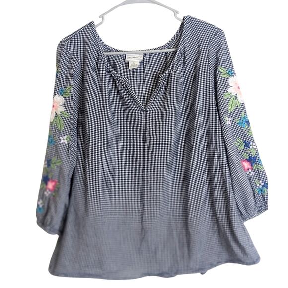 Colorful Embroidered Lightweight Black and White Checkered Top Women's Size L - Picture 9 of 9